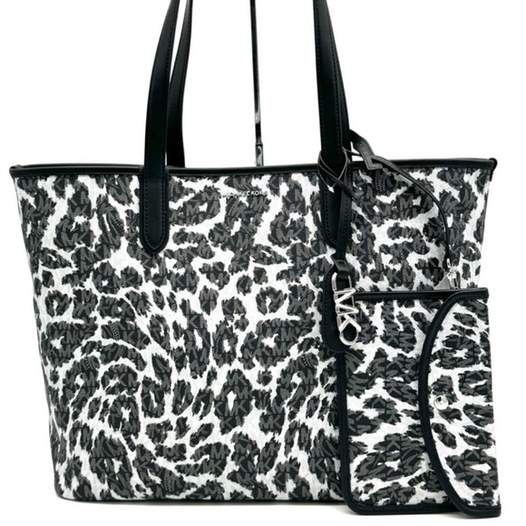 Michael Kors XL East West Tote Bag Leopard Print Black Multi